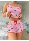 Kadın Pembe Kiraz Desenli Askılı Şortlu Pijama Takım 5044