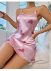 Kadın Pembe Saten Askılı fuşya kalp Desen baskılı Gecelik 2217