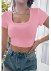 Kadın Pembe Yarım Kol Düz Yaka Crop Top Bluz