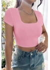 Kadın Pembe Yarım Kol Düz Yaka Crop Top Bluz