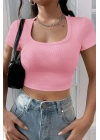 Kadın Pembe Yarım Kol Düz Yaka Crop Top Bluz