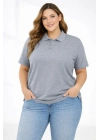 Kadın Pike Kumaş Düğmeli Yaka Battal Büyük Beden Günlük Kısa kol Tişört T-shirt - Gri