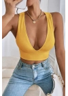 Kadın Sarı Çapraz Sırt Detaylı Şık Crop Top Büstiyer