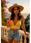 Kadın Sarı Çapraz Sırt Detaylı Şık Crop Top Büstiyer – Modern ve Şık Tasarım