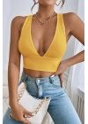 Kadın Sarı Çapraz Sırt Detaylı Şık Crop Top Büstiyer – Modern ve Şık Tasarım