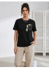 Kadın Sevimli Kedi Cep Baskılı Tişört Kısa Kol Yazlık T-Shirt - Siyah