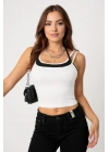 Kadın Siyah Beyaz Çift Renk Çapraz Askılı Crop Top Bluz