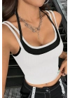 Kadın Siyah Beyaz Çift Renk Çapraz Askılı Crop Top Bluz