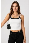 Kadın Siyah Beyaz Çift Renk Çapraz Askılı Crop Top Bluz