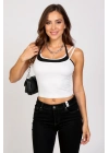 Kadın Siyah Beyaz Çift Renk Çapraz Askılı Crop Top Bluz