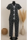 Kadın Siyah Beyaz Kalp Desenli Fiyonklu Kısa Kollu Pijama Takımı