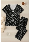 Kadın Siyah Beyaz Kalp Desenli Fiyonklu Kısa Kollu Pijama Takımı