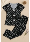Kadın Siyah Beyaz Kalp Desenli Fiyonklu Kısa Kollu Pijama Takımı