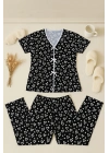 Kadın Siyah Beyaz Kalp Desenli Fiyonklu Kısa Kollu Pijama Takımı
