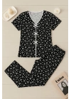Kadın Siyah Beyaz Kalp Desenli Fiyonklu Kısa Kollu Pijama Takımı