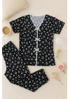 Kadın Siyah Beyaz Kalp Desenli Fiyonklu Kısa Kollu Pijama Takımı