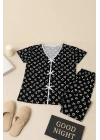 Kadın Siyah Beyaz Kalp Desenli Fiyonklu Kısa Kollu Pijama Takımı