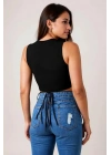 Kadın Siyah Çapraz Bağlamalı Crop Top Büstiyer – Modern ve Şık Tasarım