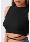 Kadın Siyah Çapraz Bağlamalı Crop Top Büstiyer – Modern ve Şık Tasarım