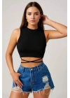 Kadın Siyah Çapraz Bağlamalı Crop Top Büstiyer – Modern ve Şık Tasarım