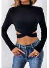 Kadın Siyah Çapraz Bel Detaylı Dik Yaka Uzun Kol Crop Top Bluz