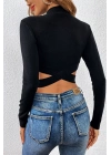 Kadın Siyah Çapraz Bel Detaylı Dik Yaka Uzun Kol Crop Top Bluz