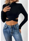 Kadın Siyah Çapraz Bel Detaylı Dik Yaka Uzun Kol Crop Top Bluz