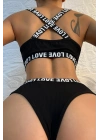 Kadın Siyah Çapraz Sırt Ve Love Yazı Detaylı Iç Çamaşır Takımı