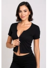 Kadın Siyah Çift Fermuarlı Yarım Kol Crop Top Bluz – Şık, Rahat ve Kolay Kombinlenebilir