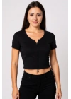 Kadın Siyah Çift Fermuarlı Yarım Kol Crop Top Bluz – Şık, Rahat ve Kolay Kombinlenebilir