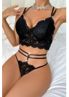 Kadın Siyah Çift Sıra Çapraz Askılı Cut-Out Tanga Detaylı Şık Takım