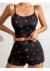 Kadın Siyah Çilek Desenli Seksi Gecelik Takım 5020