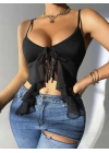 Kadın Siyah Crop Askılı Önden Bağlama Fırfır detaylı 5089