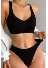 Kadın Siyah Desteksiz Seamless Tangalı İç Çamaşır Takımı