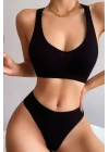 Kadın Siyah Desteksiz Seamless Tangalı İç Çamaşır Takımı