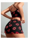 Kadın Siyah Dudak Desenli Şortlu Pijama Takımı 5057