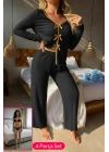 Kadın Siyah Fiyonklu İç Çamaşırı ve Uzun Kollu V Yaka Pijama Takımı 4lü Set