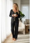 Kadın Siyah Fiyonklu İç Çamaşırı ve Uzun Kollu V Yaka Pijama Takımı 4lü Set