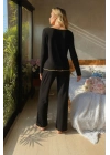 Kadın Siyah Fiyonklu İç Çamaşırı ve Uzun Kollu V Yaka Pijama Takımı 4lü Set