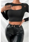 Kadın Siyah Göğüs Dekolteli Çapraz Askılı Uzun Kollu Crop Top Bluz – Şık, Rahat ve Kolay Kombinlenebilir