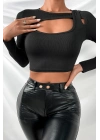 Kadın Siyah Göğüs Dekolteli Çapraz Askılı Uzun Kollu Crop Top Bluz – Şık, Rahat ve Kolay Kombinlenebilir