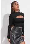 Kadın Siyah Göğüs Dekolteli Uzun Kollu Cut Out Crop Top Bluz