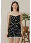 Kadın Siyah Kalp Desenli Askılı Şortlu Dantelli Pijama Takımı