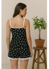 Kadın Siyah Kalp Desenli Askılı Şortlu Dantelli Pijama Takımı