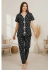 Kadın Siyah Kalp Desenli Fiyonklu Kısa Kollu Uzun Pijama Takımı