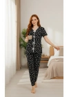 Kadın Siyah Kalp Desenli Fiyonklu Kısa Kollu Uzun Pijama Takımı