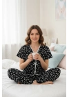 Kadın Siyah Kalp Desenli Fiyonklu Kısa Kollu Uzun Pijama Takımı