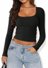 Kadın Siyah Kare Yaka Dantelli Uzun Kollu Crop Top Bluz