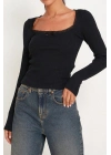 Kadın Siyah Kare Yaka Dantelli Uzun Kollu Crop Top Bluz