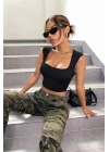 Kadın Siyah Kare Yaka Kalınlaşan Omuz Detaylı Crop Top Bluz